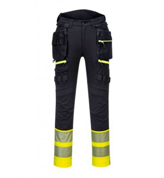 Pantalón Portwest Holster desmontable DX445 alta visibilidad negro con ribetes y franja amarillos en el bajo del pantalón